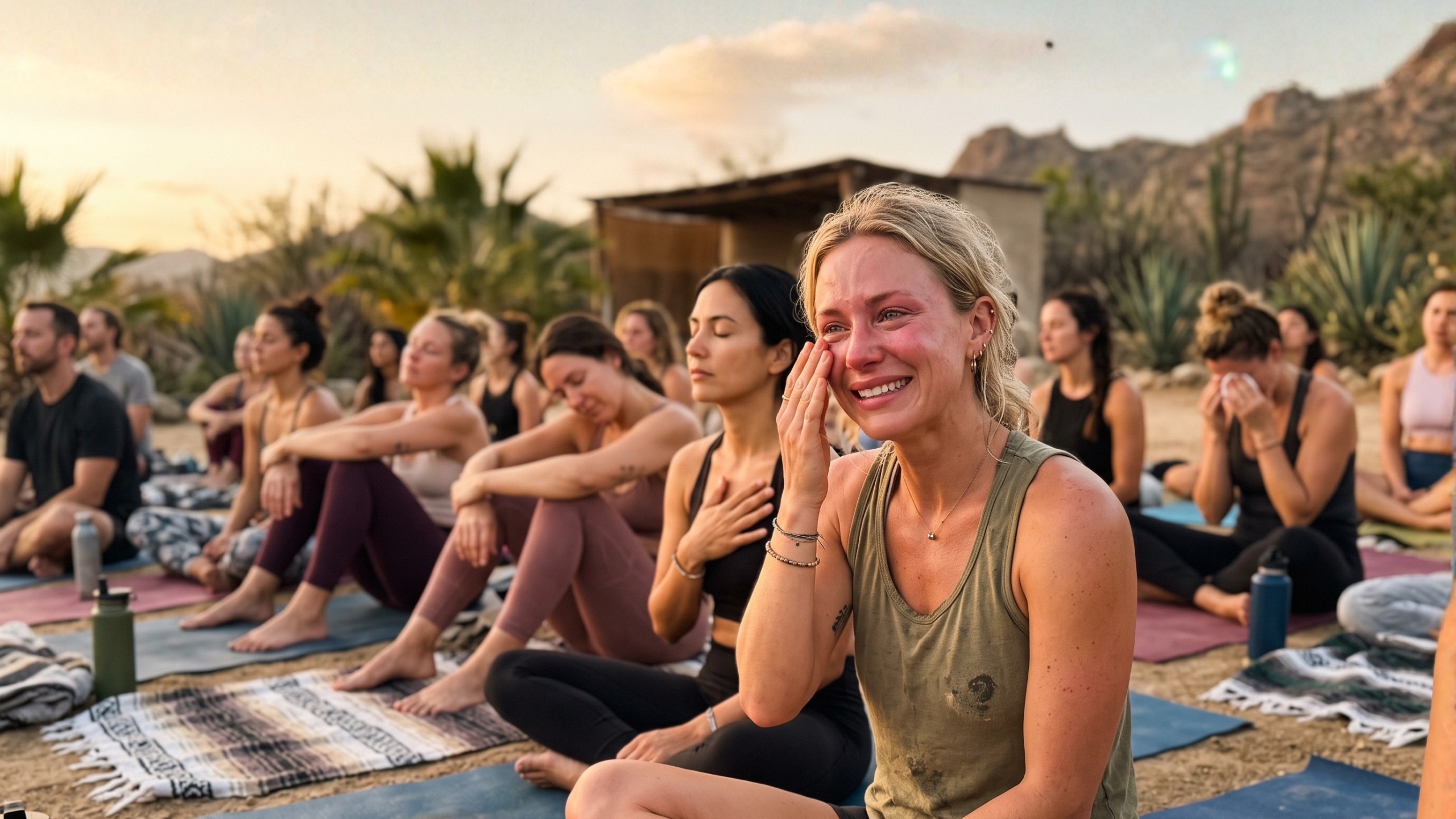 Une femme en larmes de joie à la fin d'une séance de breathwork en groupe